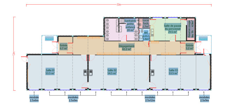 Plan 2D de 3 salles de classe réalisées par Euromodules, région Grand Est